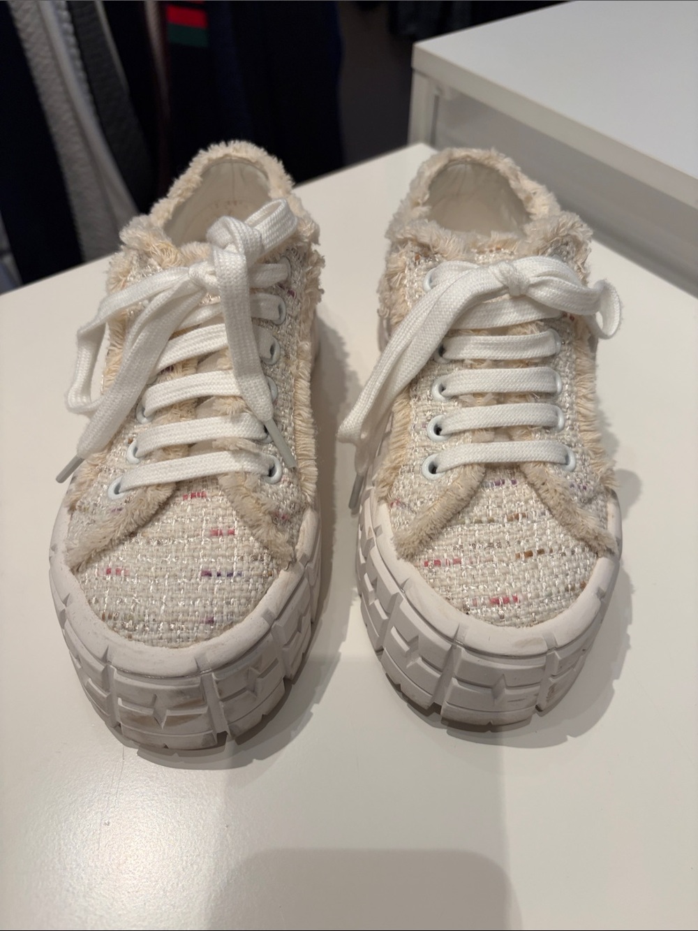 Cream Tweed Lace-Up Sneakers